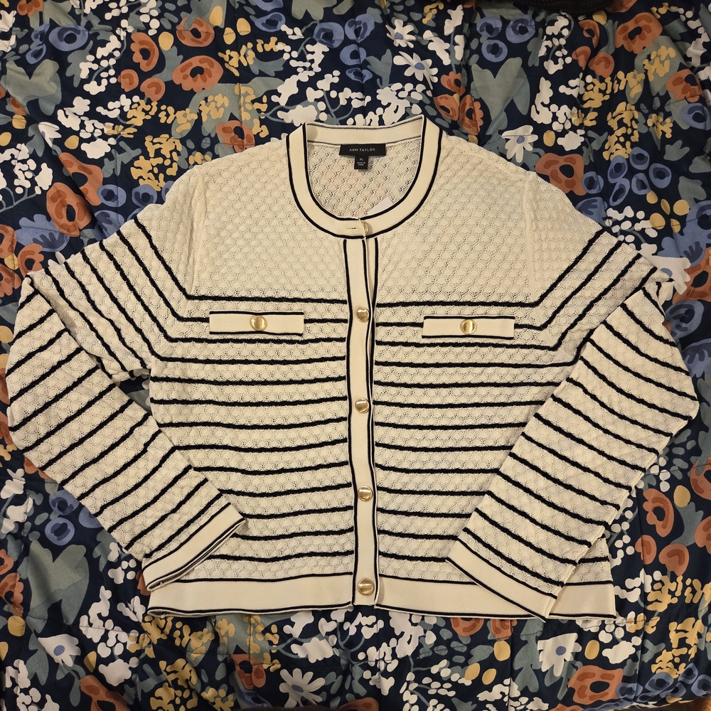 Ann Taylor Ivory Cardigan with Black Accents